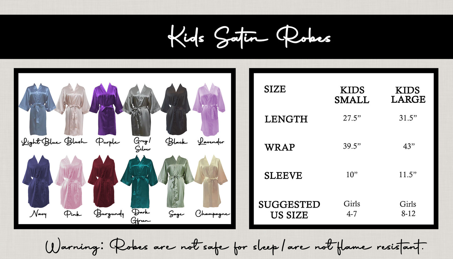 Size Chart for Childrens size robes. The chart includes a picture of the robe colors offered, and the dimensions for robes in kids size small, and kids size large.