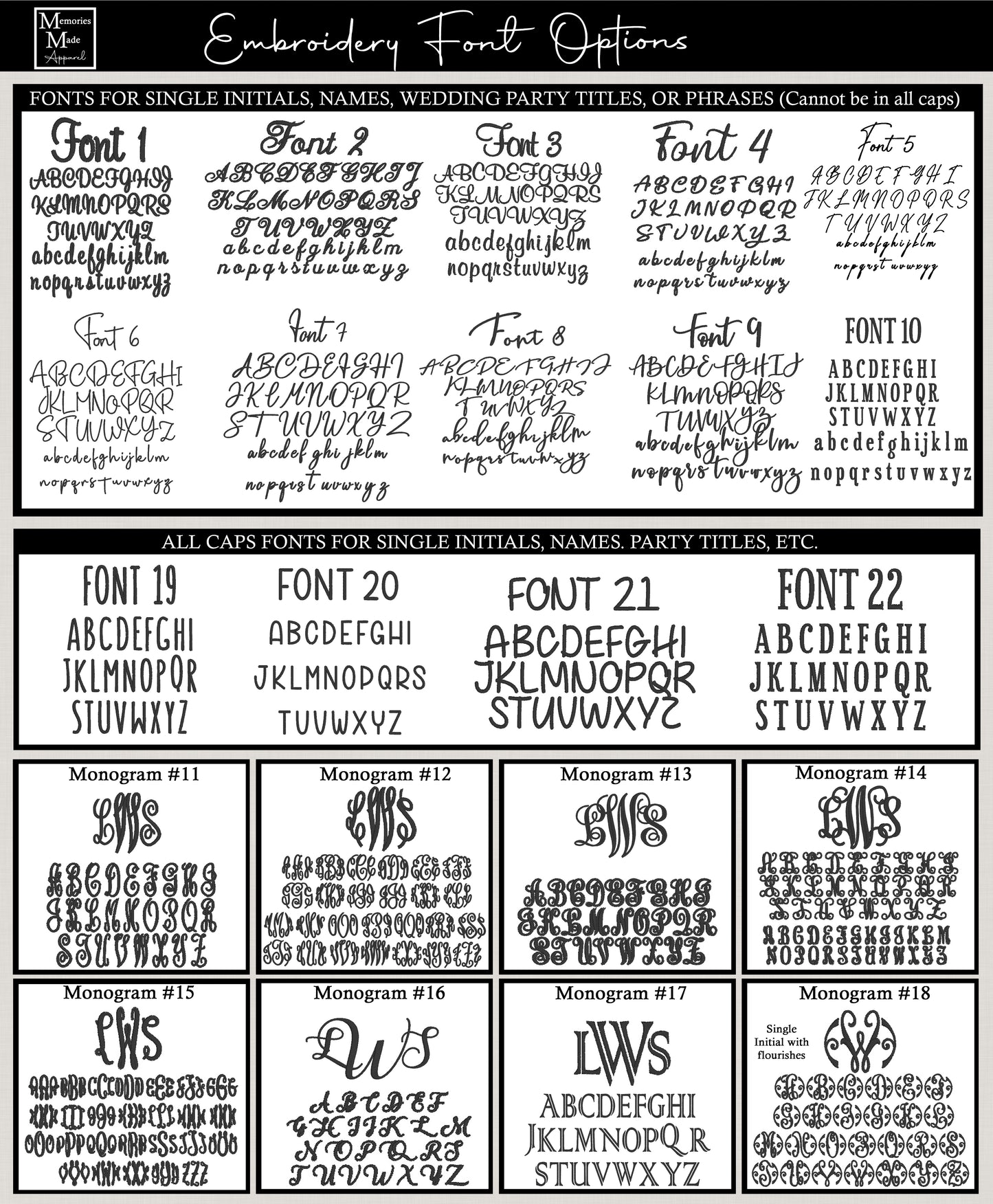 Embroidery font options for the company Memories Made Apparel. The chart shows 22 different fonts and monograms that can be used to embroider items. Each font show the complete alphabet of each letter.