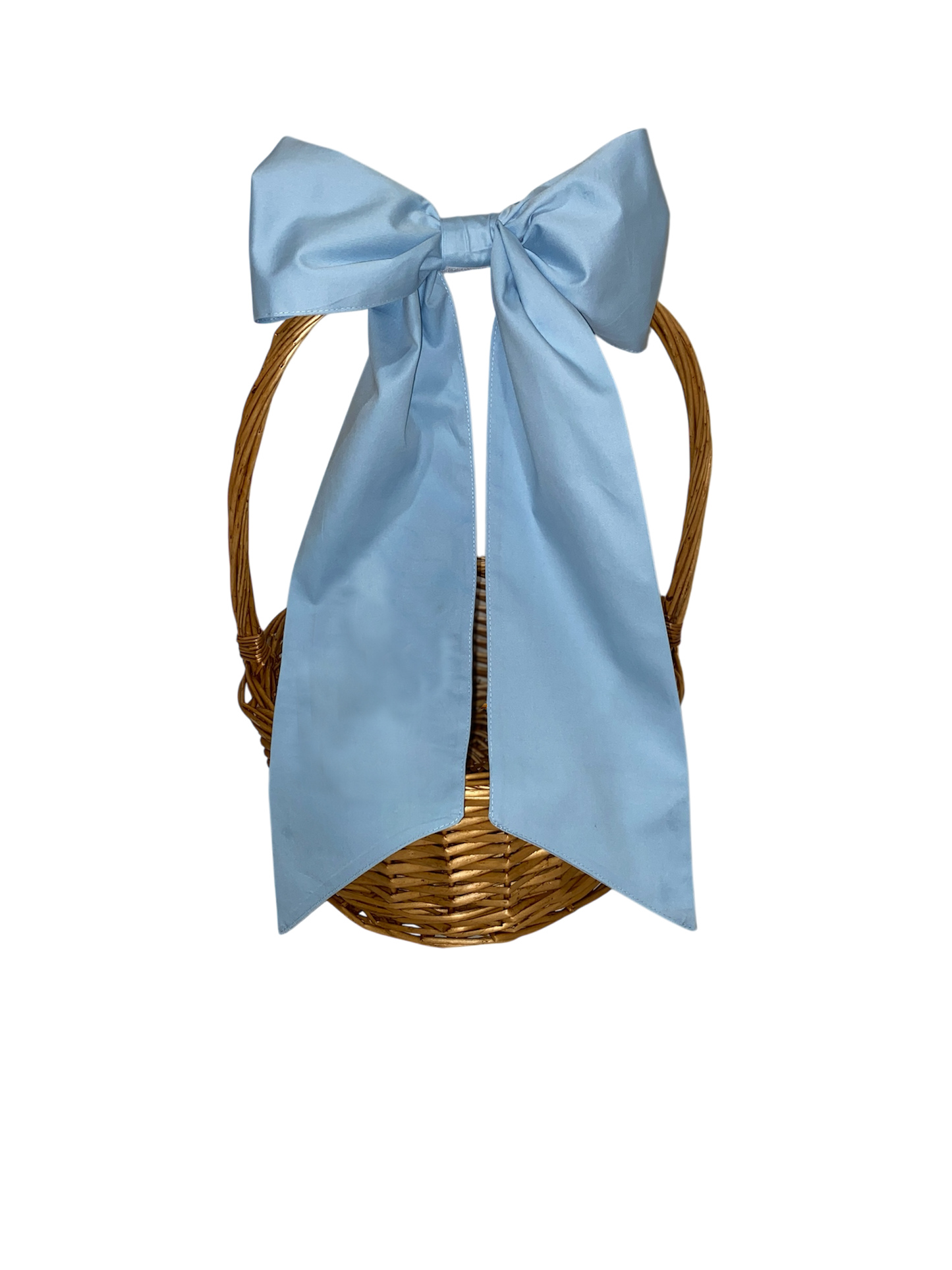 Wicker basket with a large light blue bow on a white background