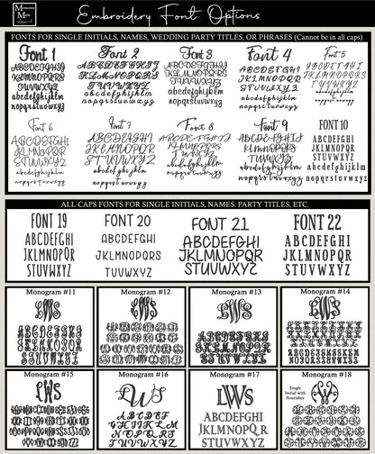 Embroidery font options for the company Memories Made Apparel. The chart shows 22 different fonts and monograms that can be used to embroider items. Each font show the complete alphabet of each letter. 